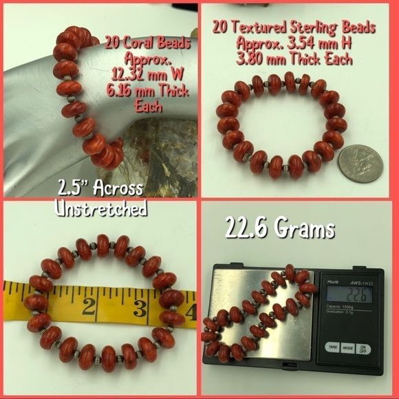 Q.T. 925 Donut Shaped Coral & STER Beads Bracelet - Picture 2 of 7